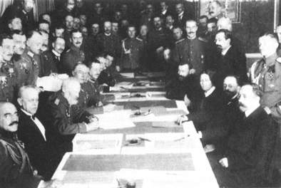 The signing of the peace treaty of Brest-Litowsk. Mérey is the second on the left side of the table.